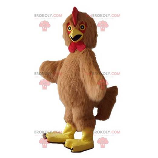 Mascotte de poule de coq marron rouge et jaune tout poilu -