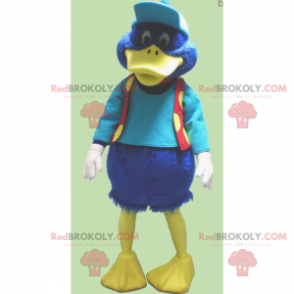 Kleine blauwe eend mascotte met pet en jas - Redbrokoly.com