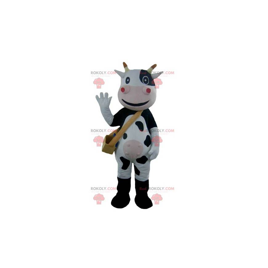 Mascote vaca preta, branca e rosa muito sorridente -