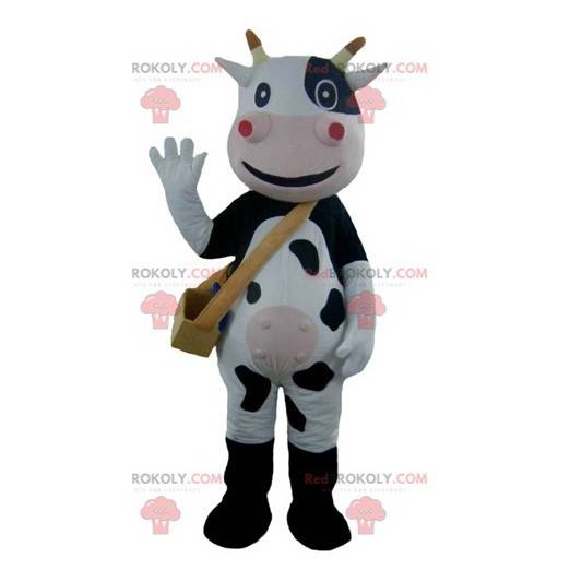 Mascote vaca preta, branca e rosa muito sorridente -