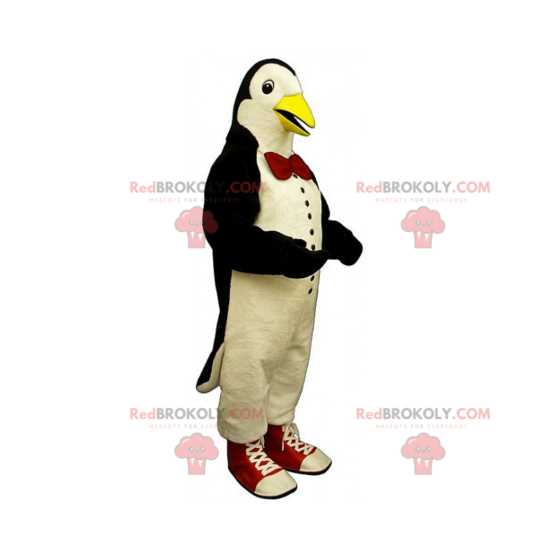 Mascote pinguim com gravata borboleta e tênis - Redbrokoly.com
