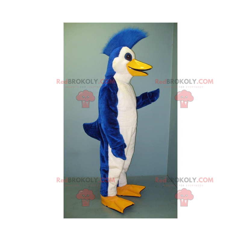 Mascotte de pingouin bleu et blanc avec une crête -
