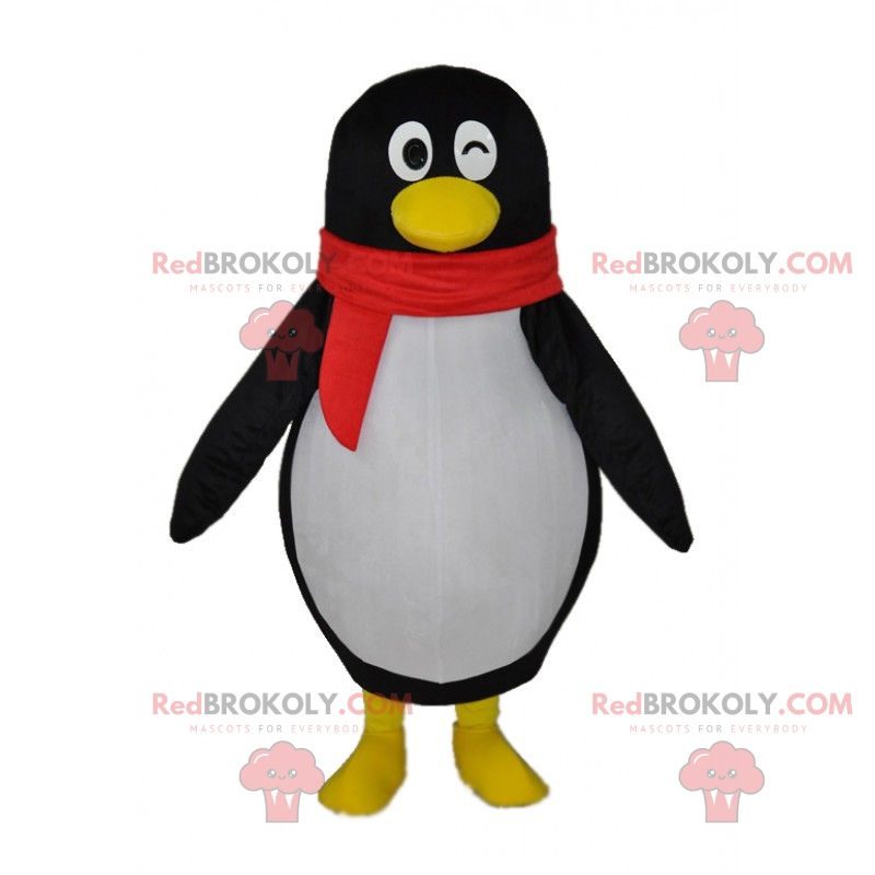 Winking penguin mascot and red scarf - Redbrokoly.com