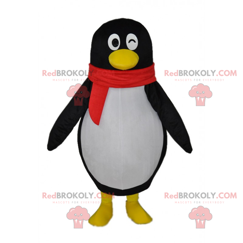 Zwinkerndes Pinguin-Maskottchen und roter Schal - Redbrokoly.com