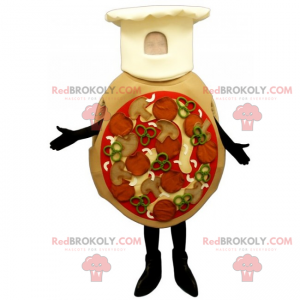 Mascote da pizza todo vestido com chapéu de chef -
