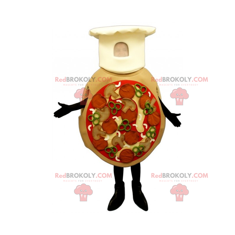 Mascote da pizza todo vestido com chapéu de chef -