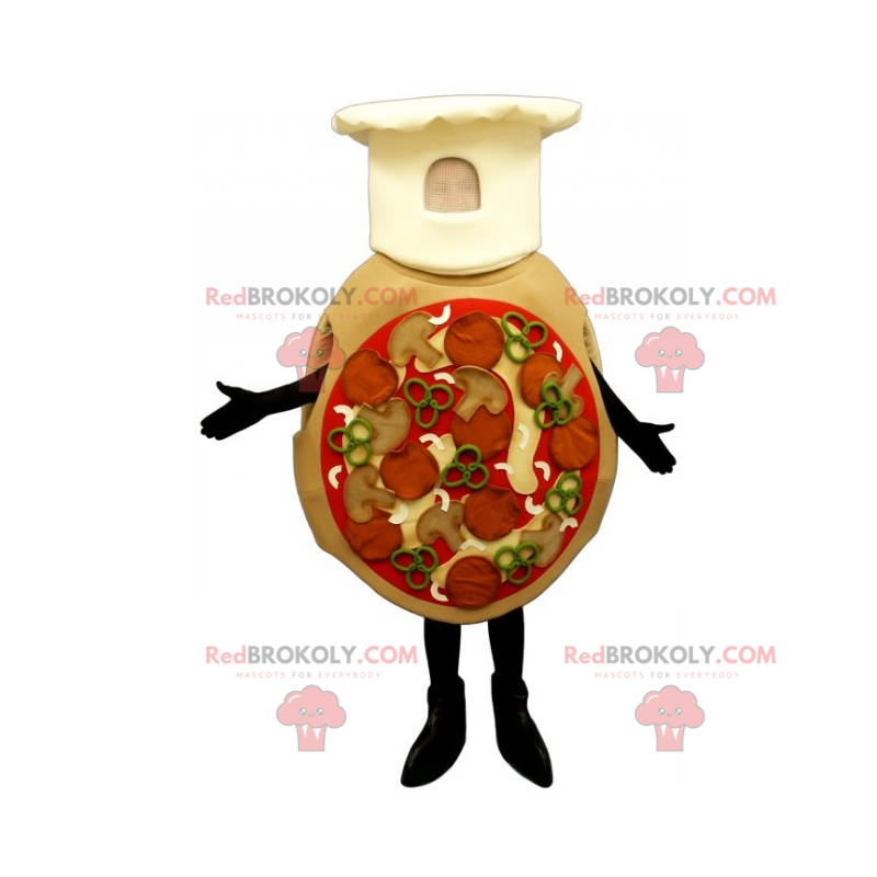 Vše oblečený maskot pizzy s kuchařskou čepicí - Redbrokoly.com