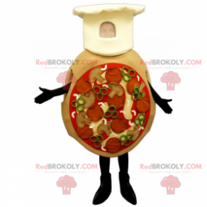 Allemaal geklede pizza-mascotte met chef-kokhoed -