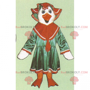 Weißes Hühnermaskottchen in Kleid und Hut - Redbrokoly.com