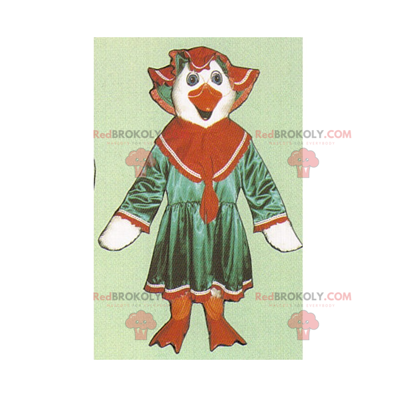Mascotte de poule blanche en robe et chapeau - Redbrokoly.com