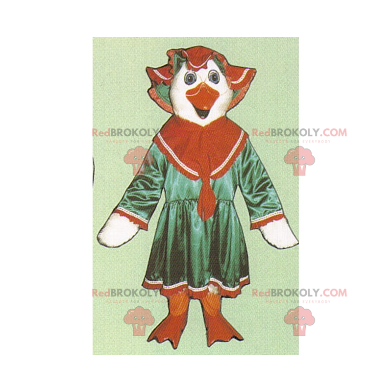 Weißes Hühnermaskottchen in Kleid und Hut - Redbrokoly.com