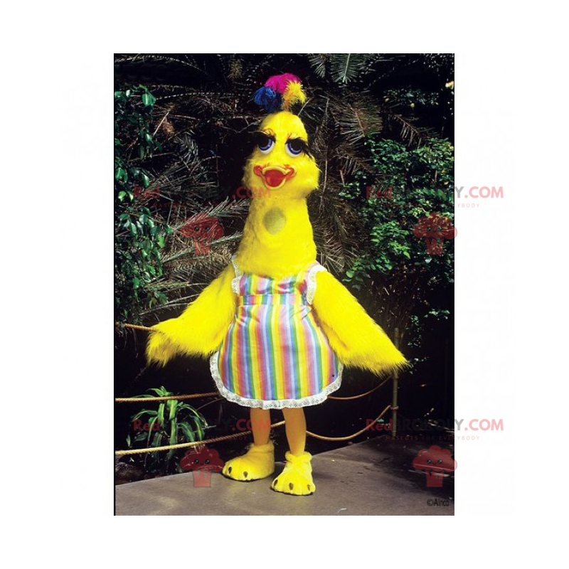 Gelbes Hühnermaskottchen in einer mehrfarbigen Schürze - Gelbes Hühnermaskottchen in einer mehrfarbigen Schürze -