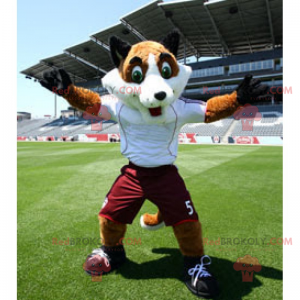 Mascotte de renard aux yeux verts et tenue de sport -