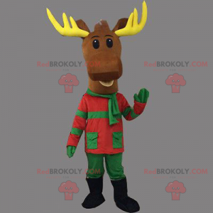 Mascota de renos navideños en traje verde y rojo -