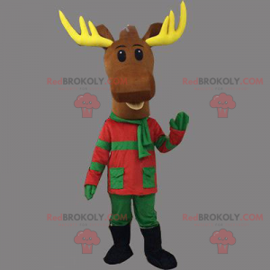 Mascote de rena de Natal em traje verde e vermelho -