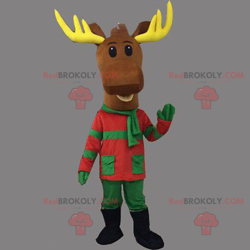 Mascota de renos navideños en traje verde y rojo -