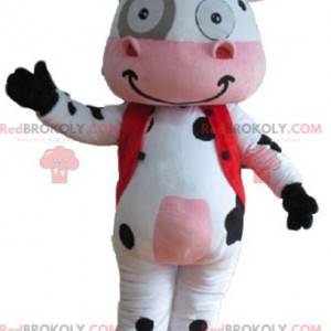 Mascote vaca branco rosa e preto muito sorridente -