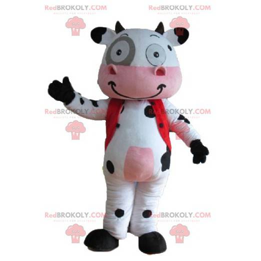 Mascote vaca branco rosa e preto muito sorridente -