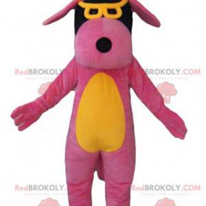 Mascote cachorro rosa amarelo e preto com óculos -