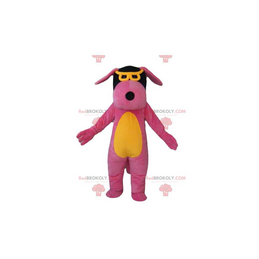 Mascotte cane rosa giallo e nero con gli occhiali -