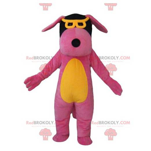 Mascote cachorro rosa amarelo e preto com óculos -