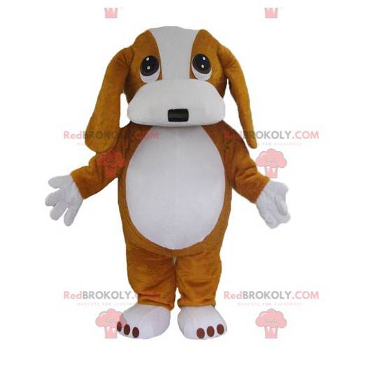 Mascote de cachorro marrom e branco fofo e comovente -