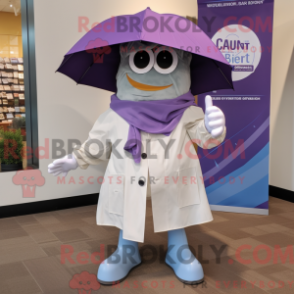 Fantasia de mascote de sopa de mariscos lavanda com capa de chuva e cintos - Mascotes de Clam Chowder - RedBrokoly.com