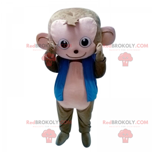 Graues und rosa Affenmaskottchen mit blauer Jacke -