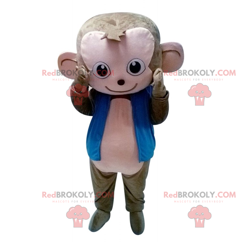 Grijze en roze aapmascotte met blauwe jas - Redbrokoly.com Grijze en roze aapmascotte met blauwe jas - Redbrokoly.com