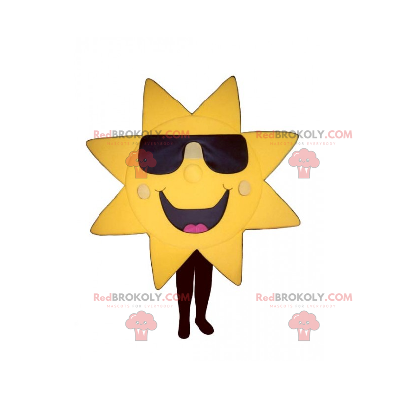 Mascote do sol com óculos escuros e um grande sorriso -