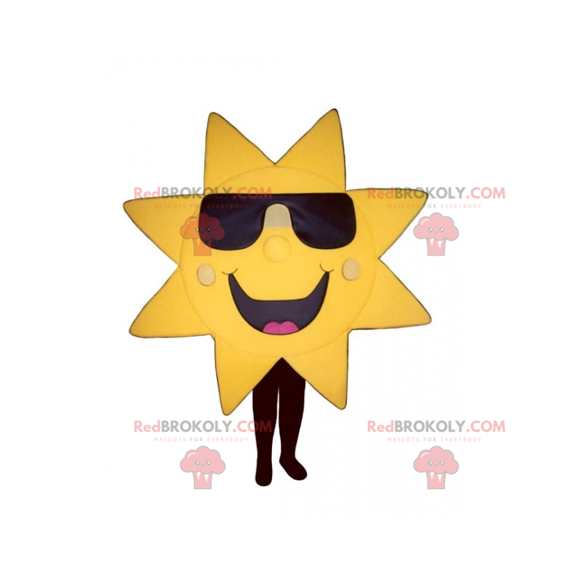 Mascotte de soleil au lunettes noires et grand sourire -