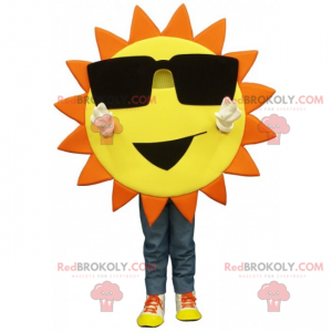 Mascotte de soleil avec grandes lunettes et sourire -