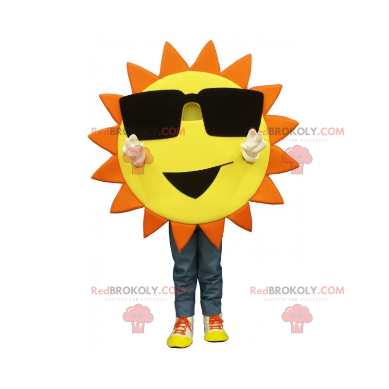 Mascota del sol con grandes gafas y sonrisa. - Redbrokoly.com