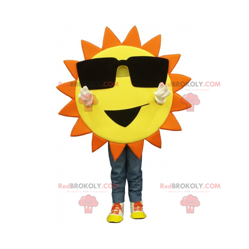 Mascotte de soleil avec grandes lunettes et sourire -