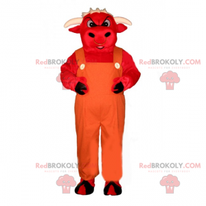 Mascotte de taureau rouge en salopette - Redbrokoly.com