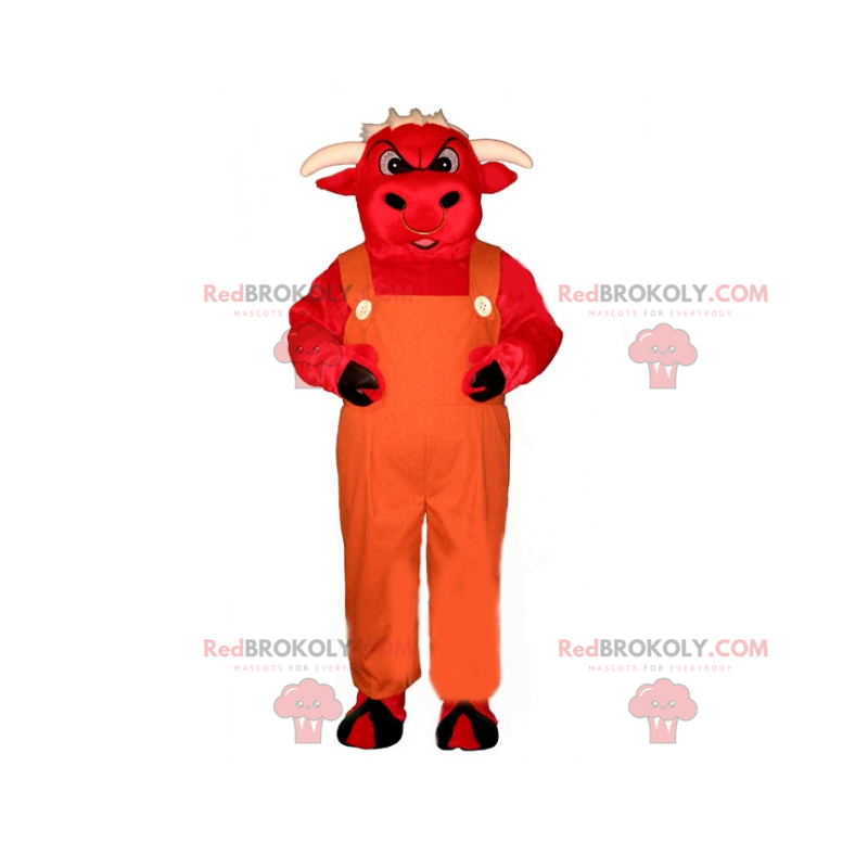 Mascotte de taureau rouge en salopette - Redbrokoly.com