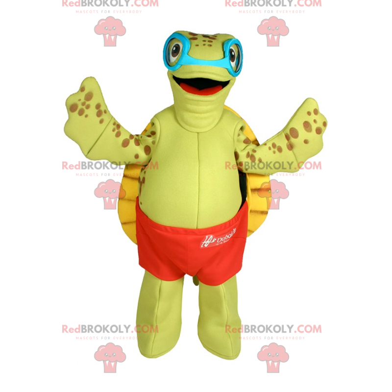 Mascotte tartaruga con costume da bagno e occhiali da sole -