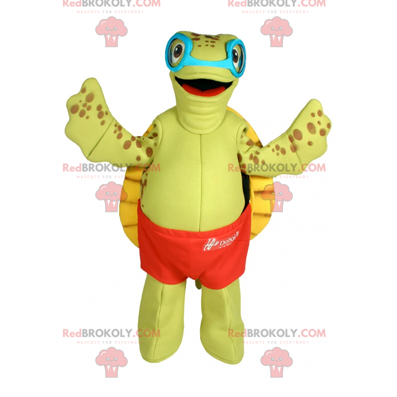 Schildkrötenmaskottchen mit Badeanzug und Sonnenbrille -