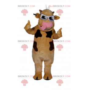 Mascotte della mucca marrone con occhiali da sole grigi -