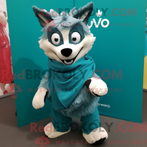 Fantasia de mascote de Say Wolf turquesa com macacão e cachecóis - Diga lobo mascotes - REBROKO_265049 - RedBrokoly.com