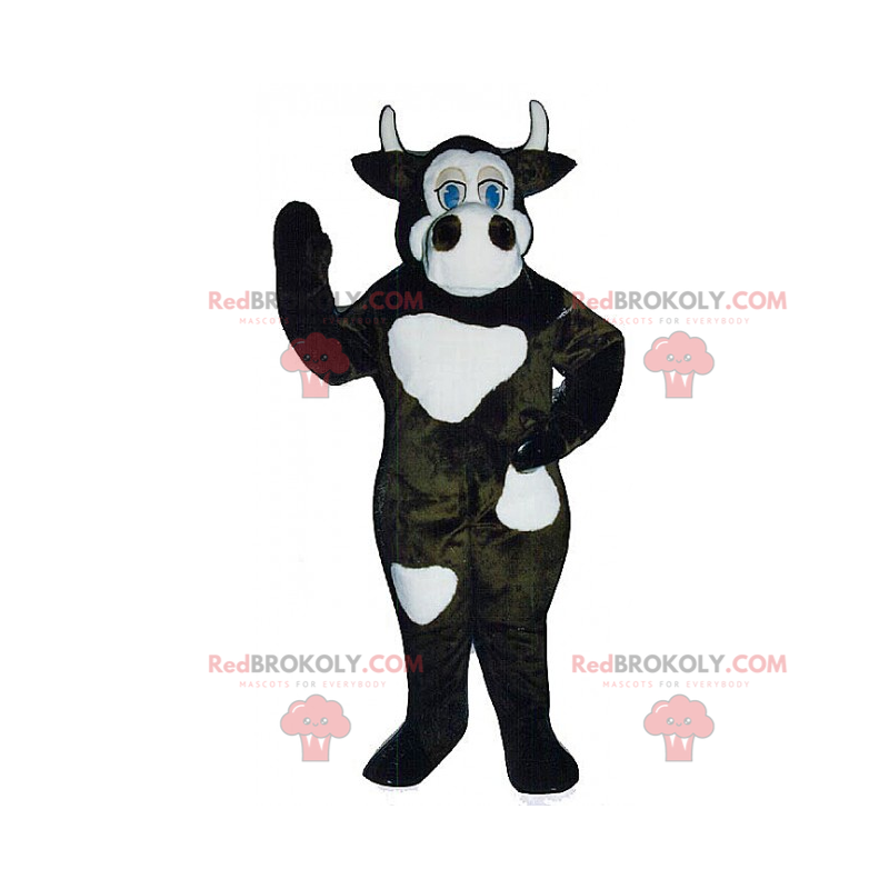 Mascotte de vache noire avec grandes taches blanches -