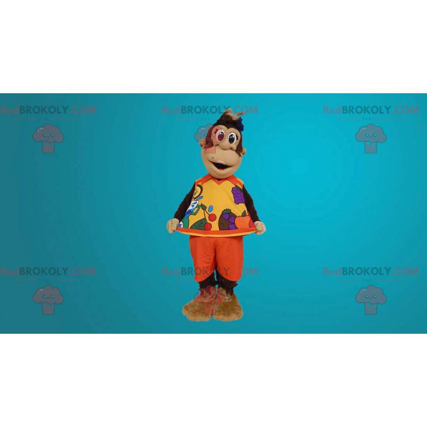 Macaco mascote marrom vestido com roupa laranja - Redbrokoly.com