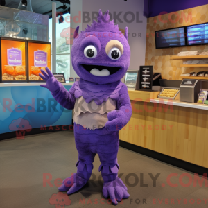 Fantasia de mascote de Fish and Chips roxa com macacão e luvas sem dedos - Mascotes de peixe e batatas fritas - RedBrokoly.com