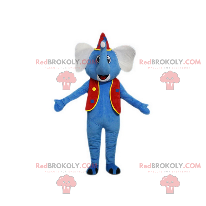 Blå elefant maskot i cirkusdragt - Redbrokoly.com Blå elefant maskot i cirkusdragt - Redbrokoly.com