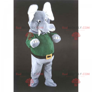 Elefante mascote em calças e suéter verde - Redbrokoly.com
