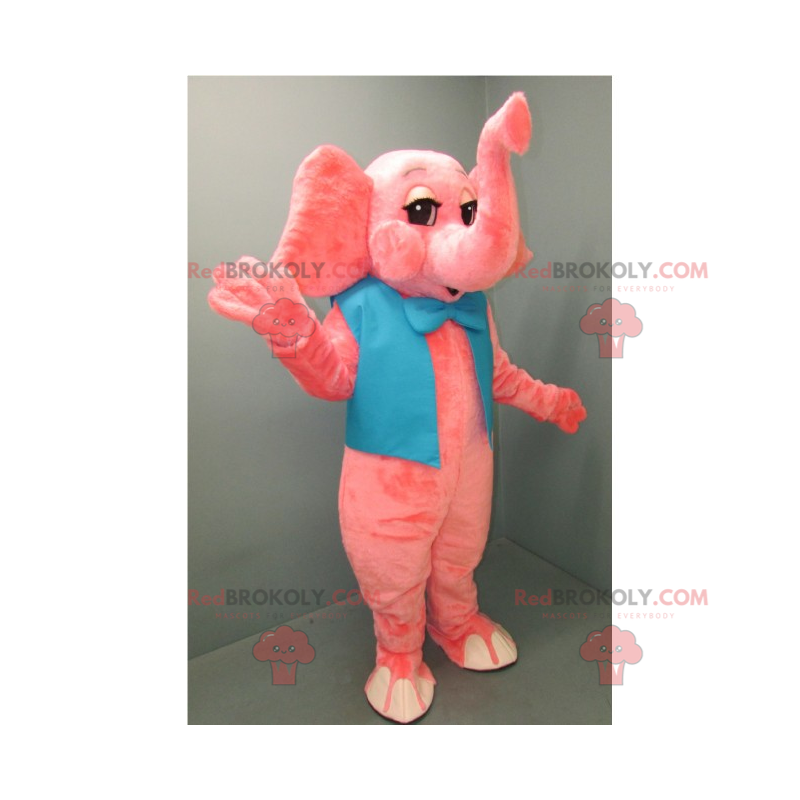 Mascote elefante rosa com gravata borboleta azul -