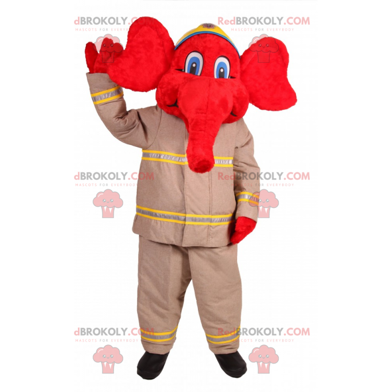 Röd elefantmaskot i brandmandräkt - Redbrokoly.com