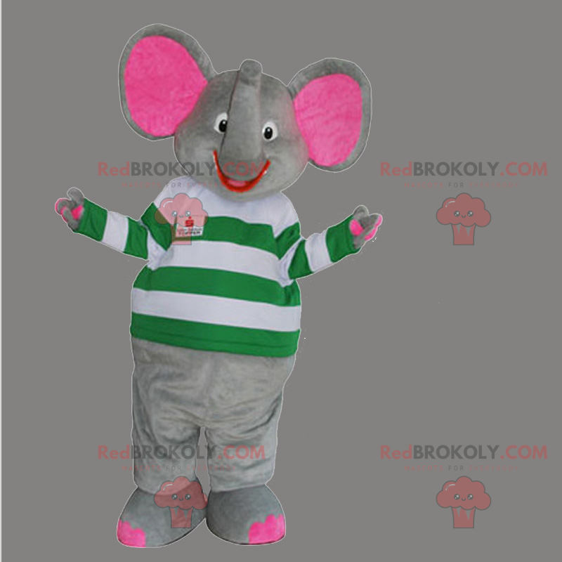 Lächelndes Elefantenmaskottchen mit gestreiftem Pullover -