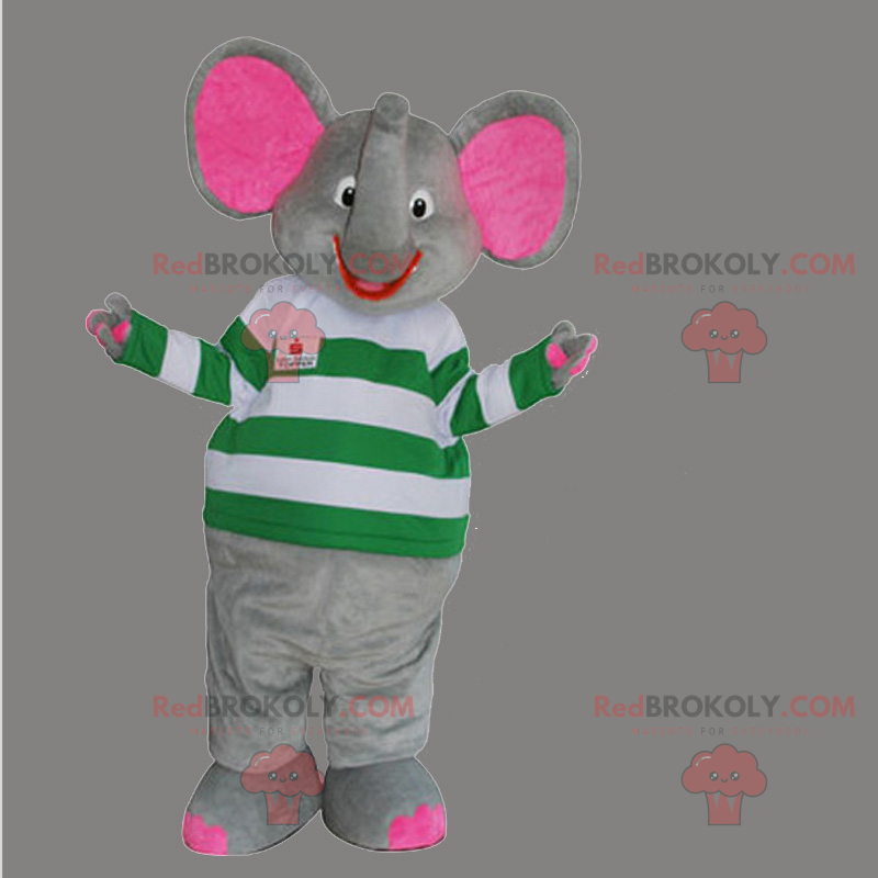 Mascotte d'éléphant souriant avec pull a rayures -