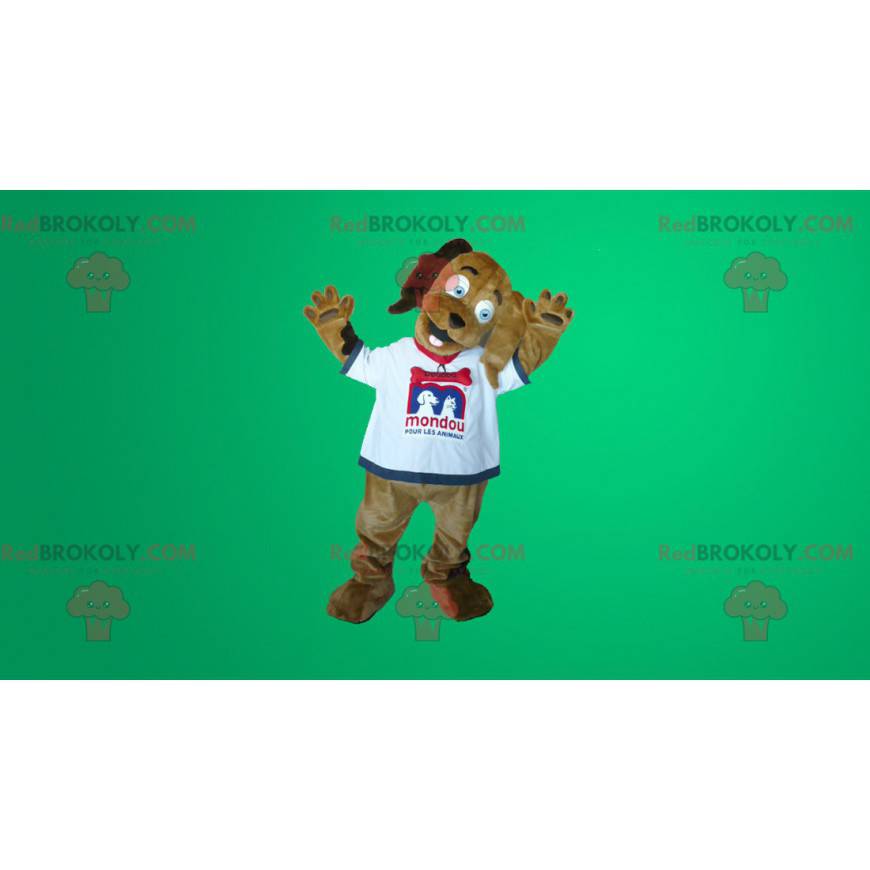 Mascote cachorro marrom em camiseta branca - Redbrokoly.com